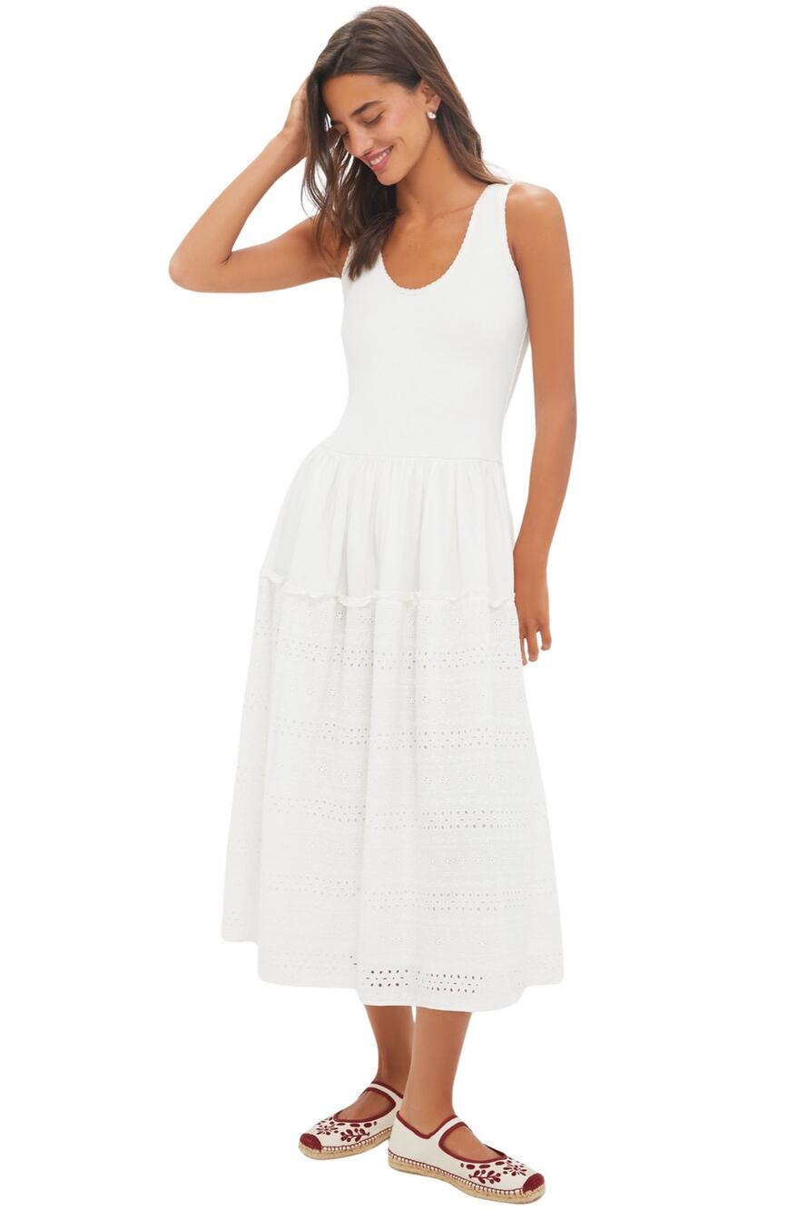 Tuckernuck White Embroidered Casey Tiered Midi Dress Large Scoop Neck Minimal
